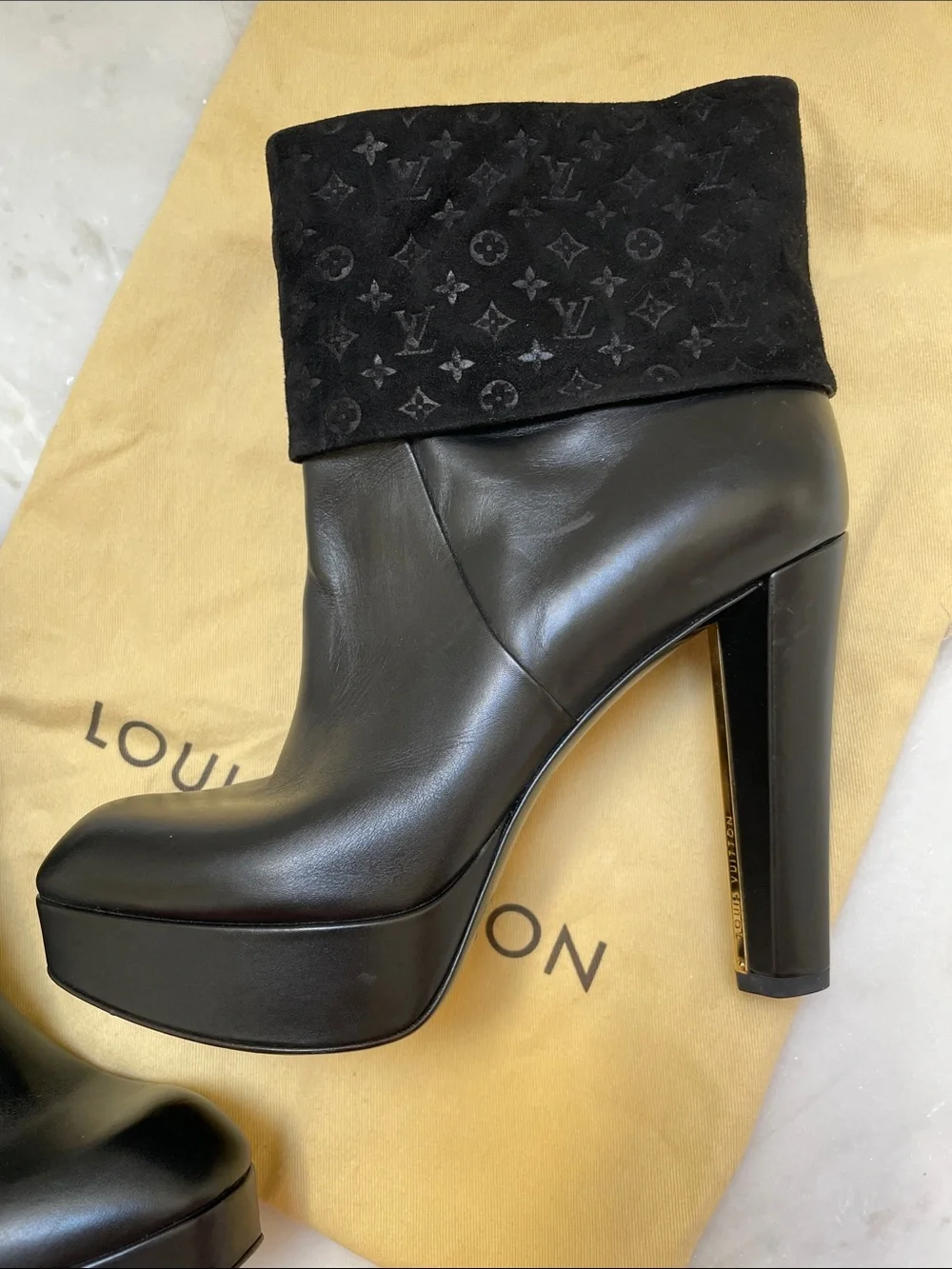 Louis Vuitton Black Leather Platform Ankle Boots with Monogram Velvet Cuff